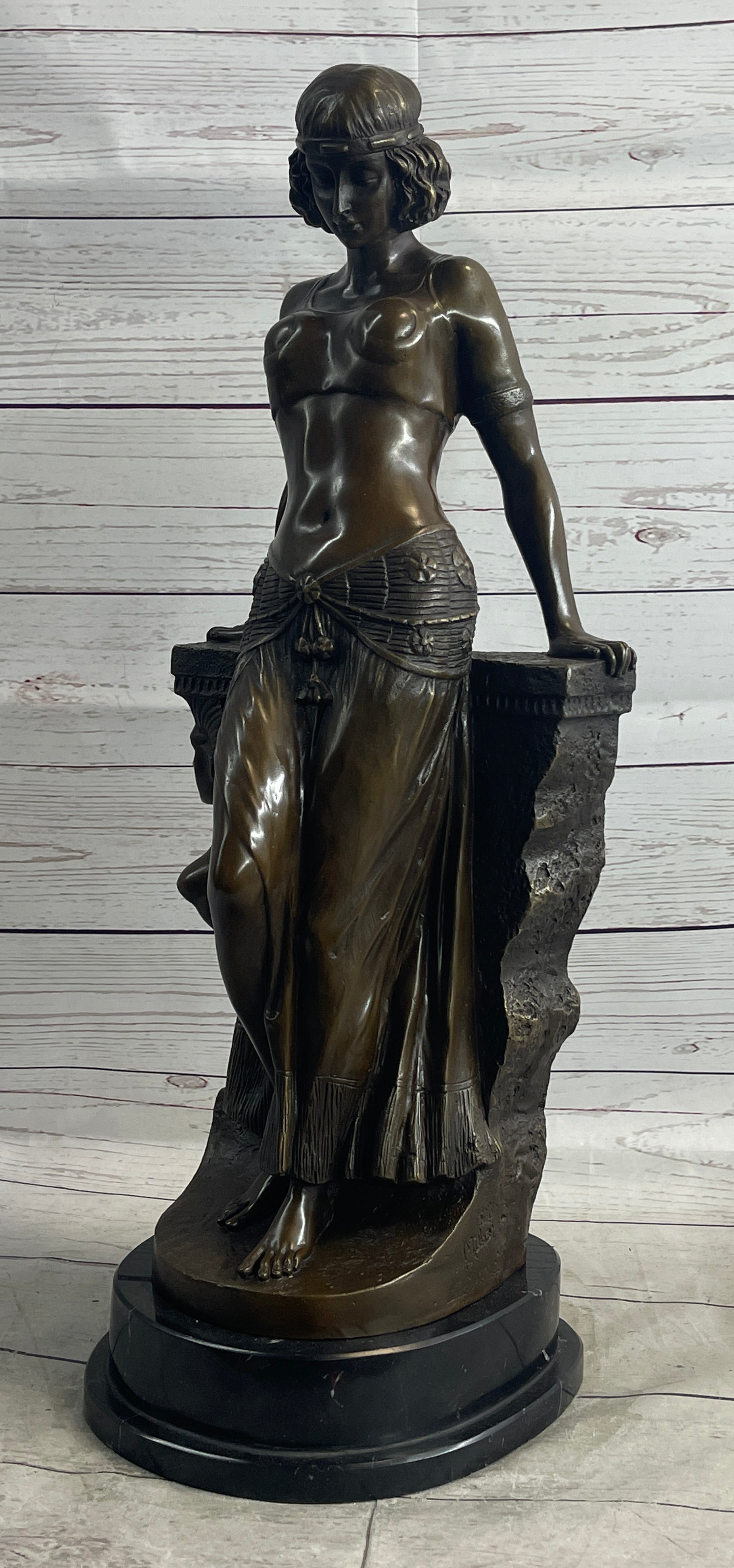 Cleopatra Egyptian Princess Sexy Semi Nude Bronze Sculpture Statue Decor on Marble Base