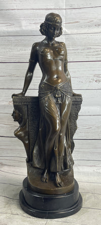 Cleopatra Egyptian Princess Sexy Semi Nude Bronze Sculpture Statue Decor on Marble Base