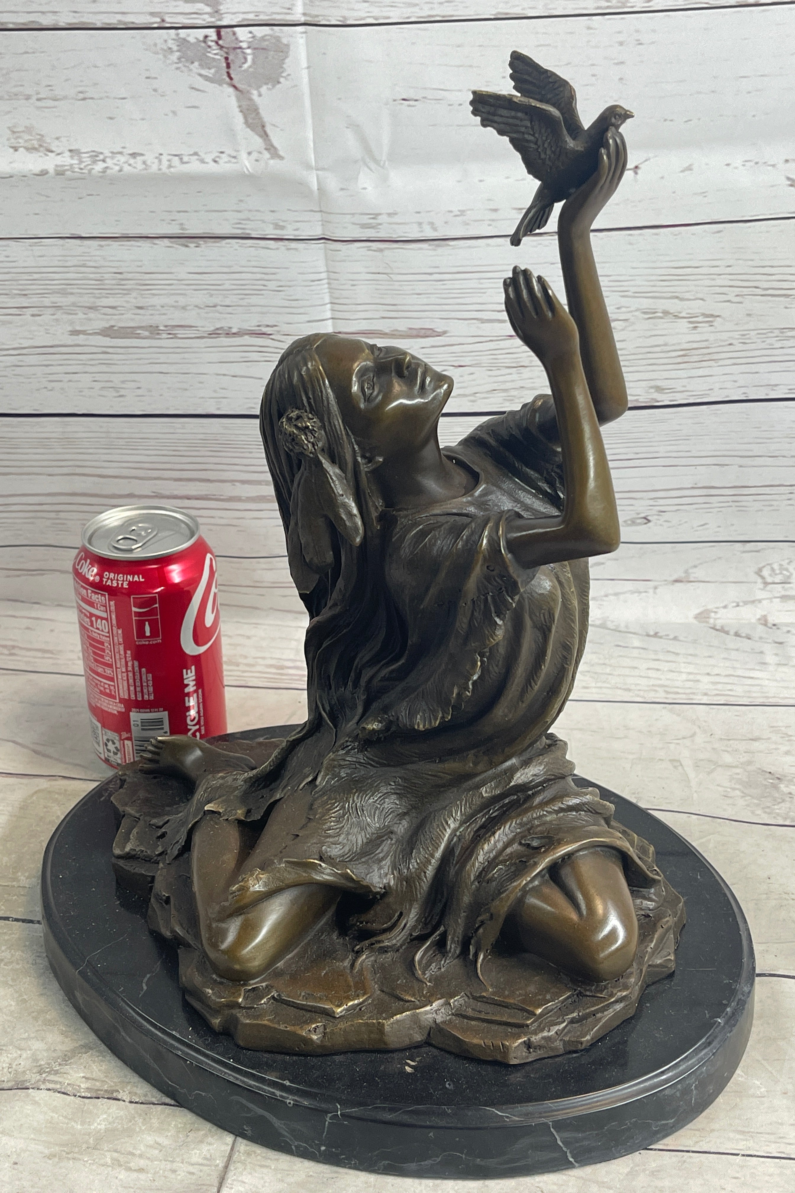 Native American Indian Young Girl w/ Bird - Bronze Sculpture