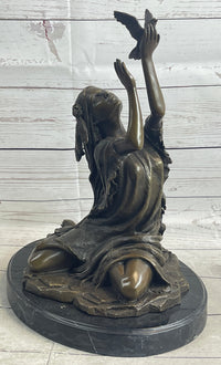 Native American Indian Young Girl w/ Bird - Bronze Sculpture
