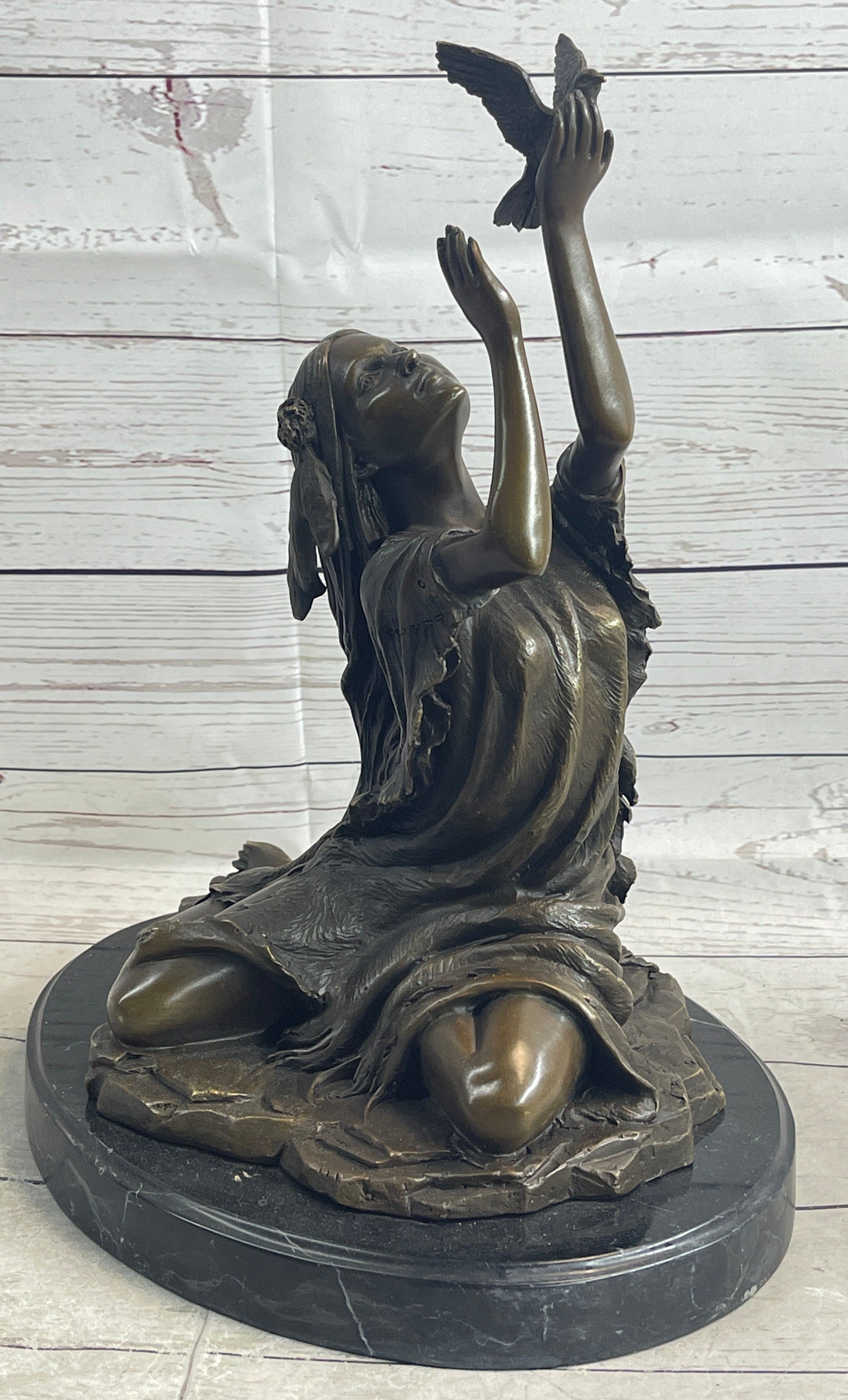 Native American Indian Young Girl w/ Bird - Bronze Sculpture