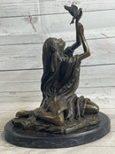 Native American Indian Young Girl w/ Bird - Bronze Sculpture