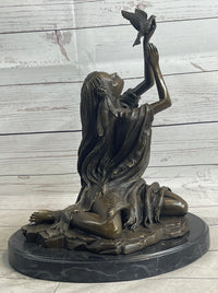 Native American Indian Young Girl w/ Bird - Bronze Sculpture