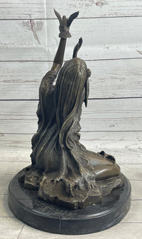 Native American Indian Young Girl w/ Bird - Bronze Sculpture