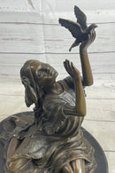 Native American Indian Young Girl w/ Bird - Bronze Sculpture