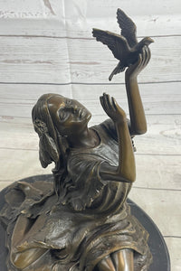 Native American Indian Young Girl w/ Bird - Bronze Sculpture