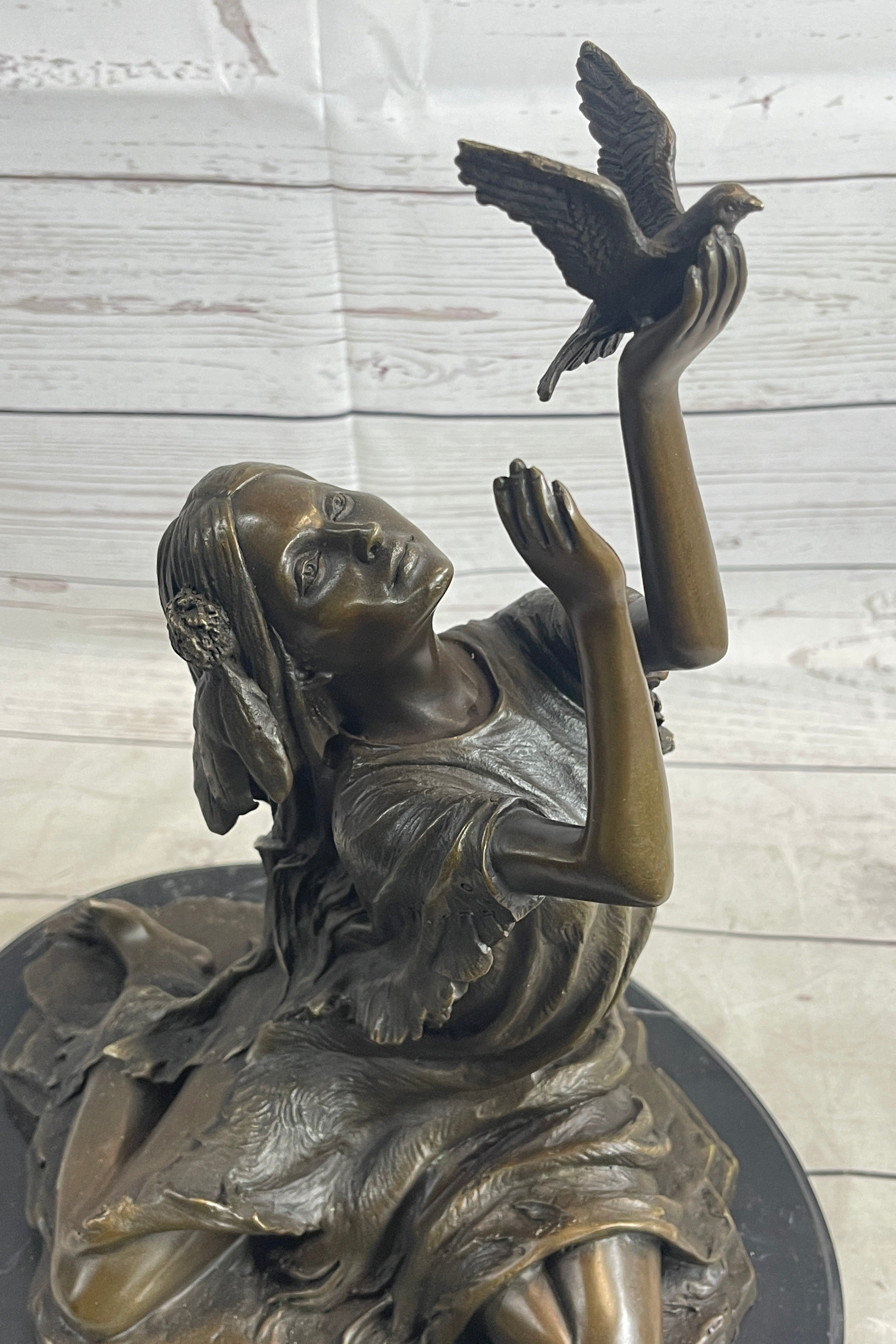Native American Indian Young Girl w/ Bird - Bronze Sculpture