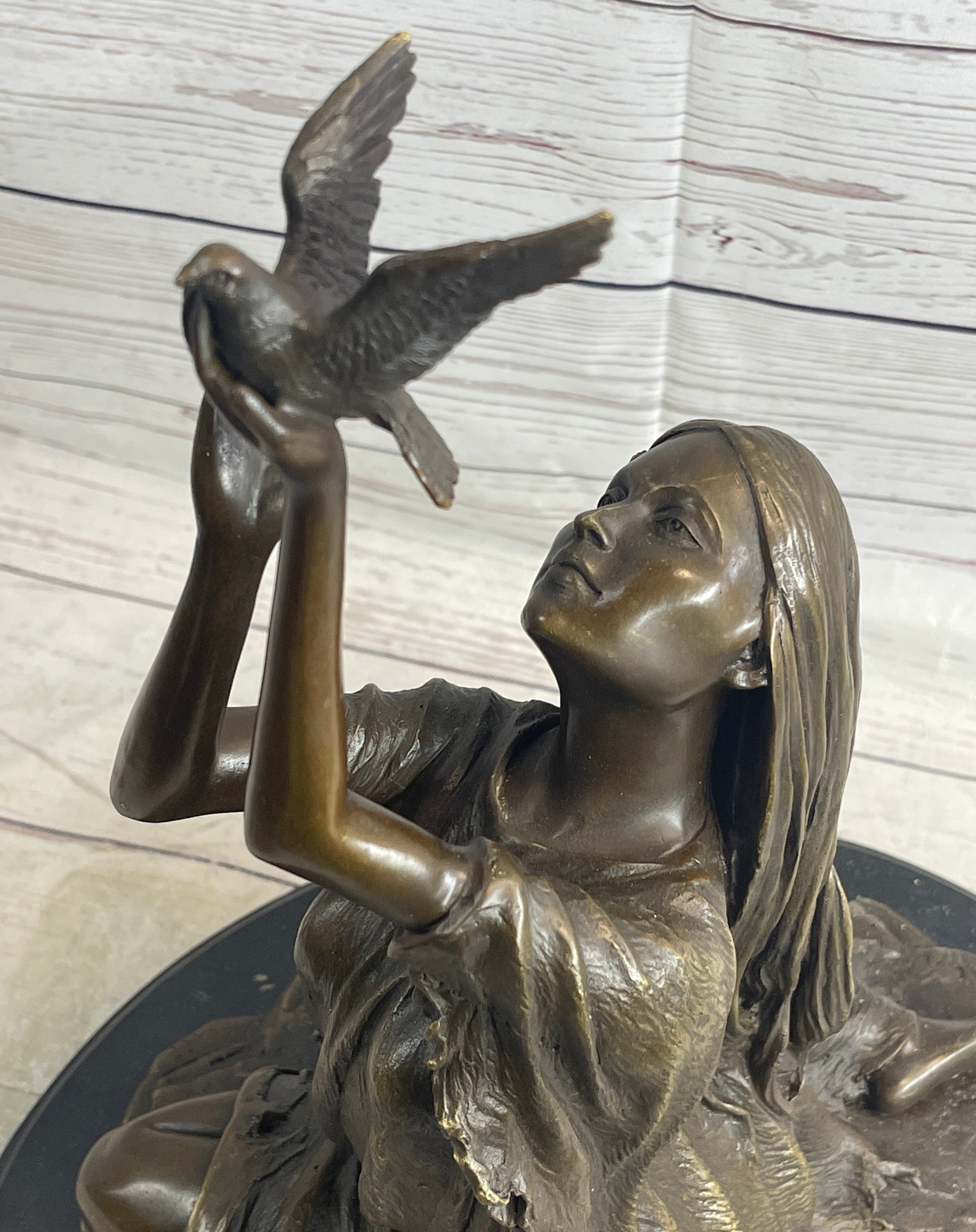 Native American Indian Young Girl w/ Bird - Bronze Sculpture