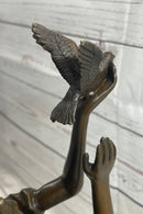Native American Indian Young Girl w/ Bird - Bronze Sculpture