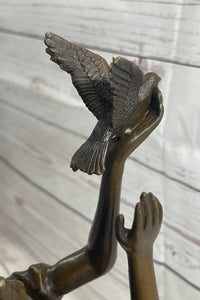 Native American Indian Young Girl w/ Bird - Bronze Sculpture
