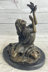 Native American Indian Young Girl w/ Bird - Bronze Sculpture