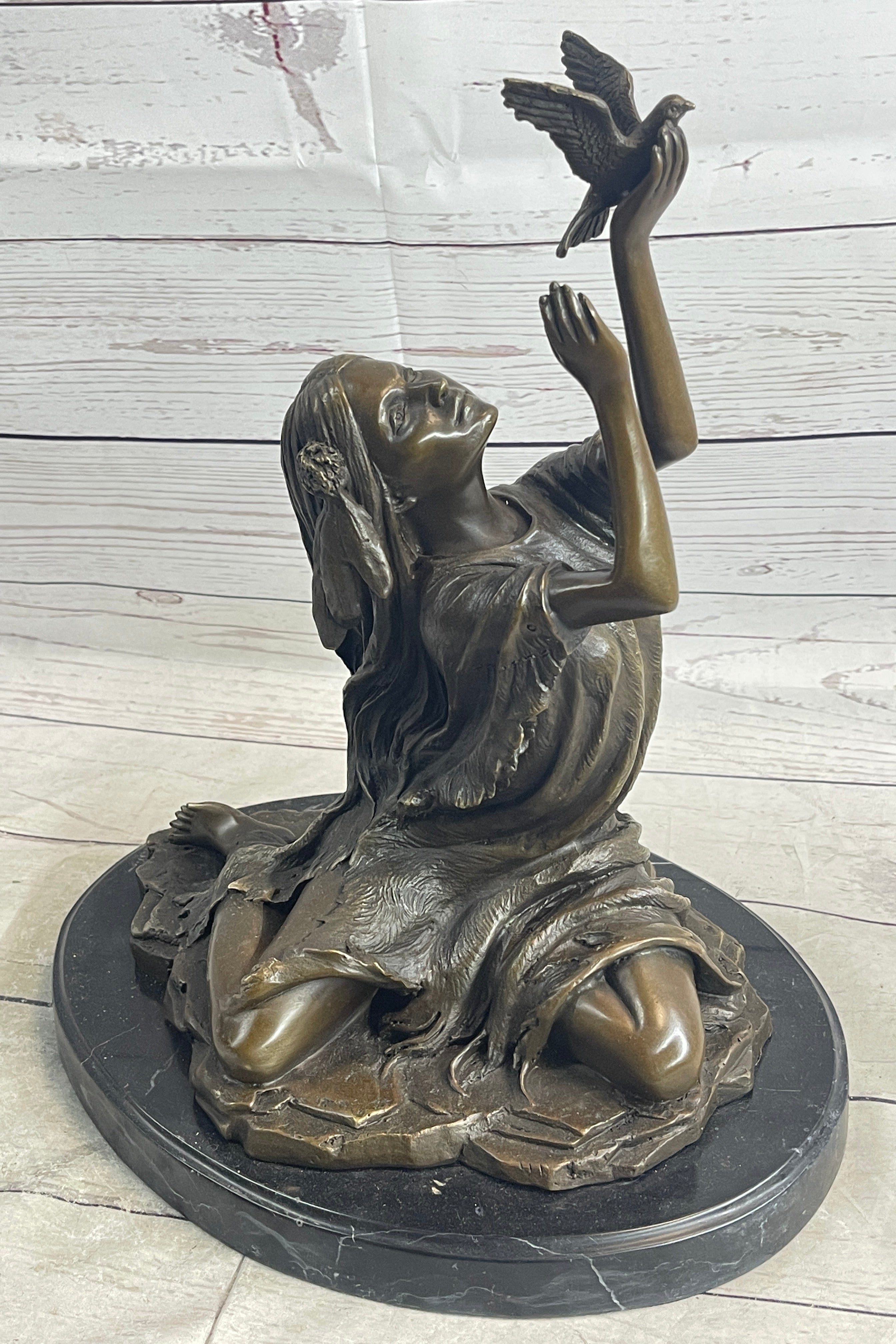Native American Indian Young Girl w/ Bird - Bronze Sculpture