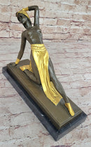 Chiparus Art Deco Topless Semi Nude Dancer in Gold Skirt Bronze Sculpture Statue