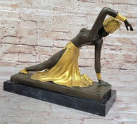 Chiparus Art Deco Topless Semi Nude Dancer in Gold Skirt Bronze Sculpture Statue