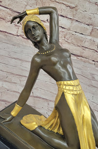 Chiparus Art Deco Topless Semi Nude Dancer in Gold Skirt Bronze Sculpture Statue