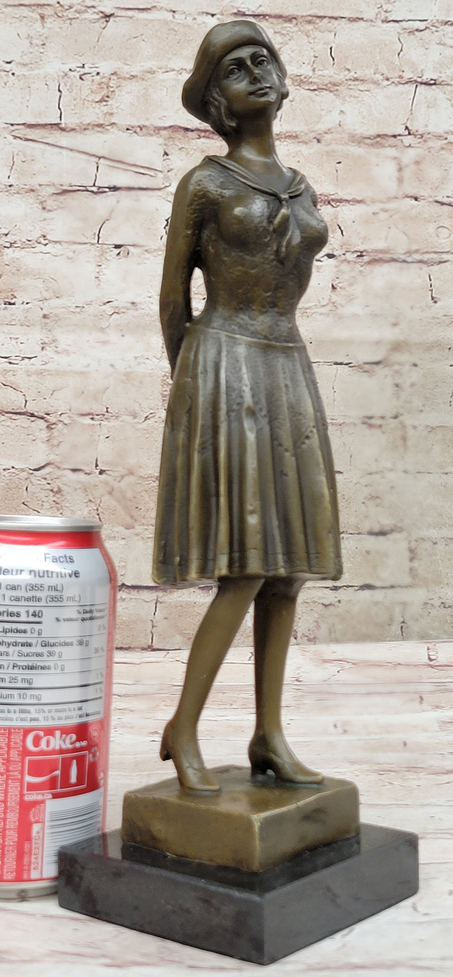 Art Deco Girl in Hat Bronze Sculpture 11.5" x 3.5"