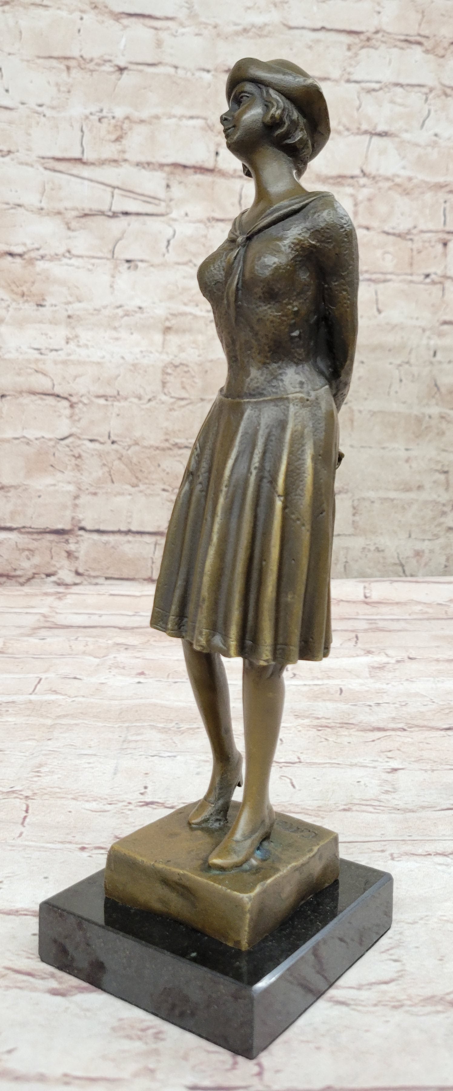 Art Deco Girl in Hat Bronze Sculpture 11.5" x 3.5"
