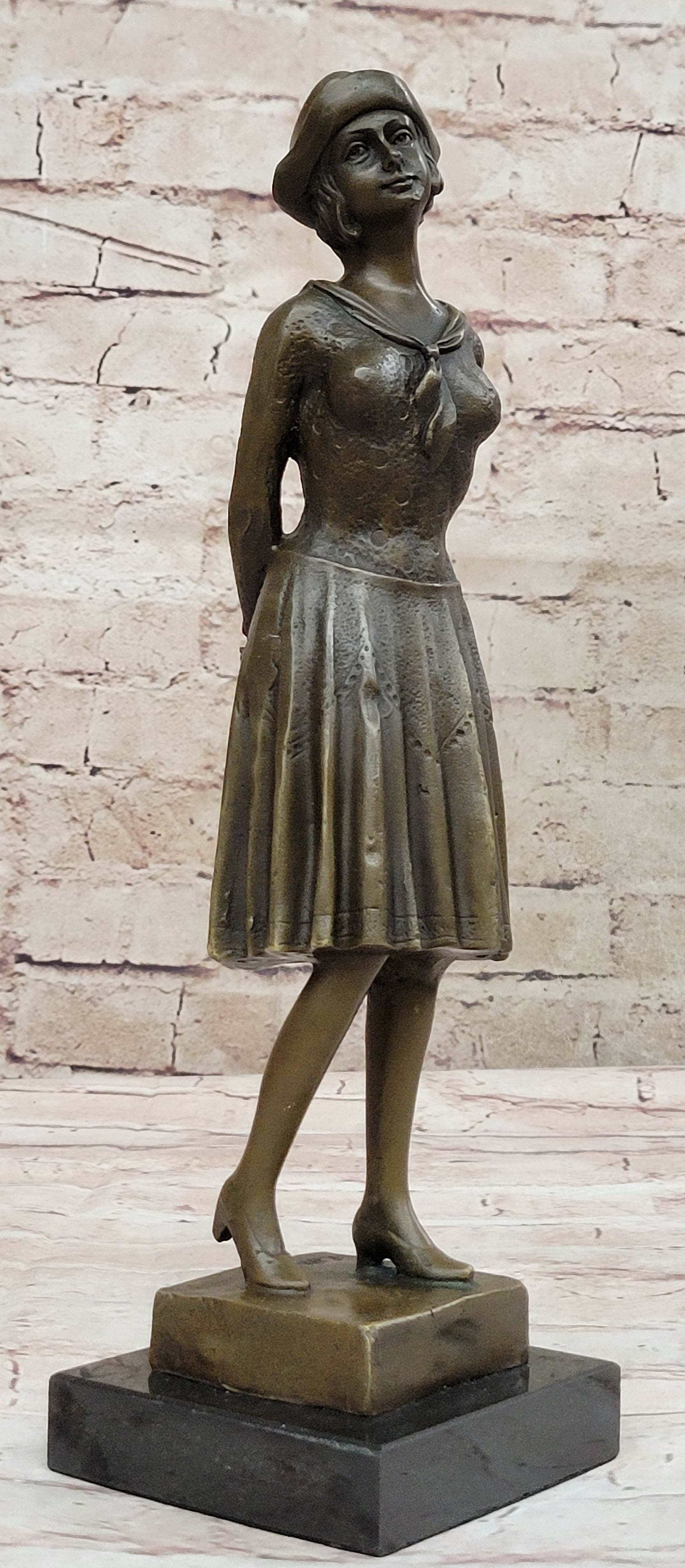 Art Deco Girl in Hat Bronze Sculpture 11.5" x 3.5"