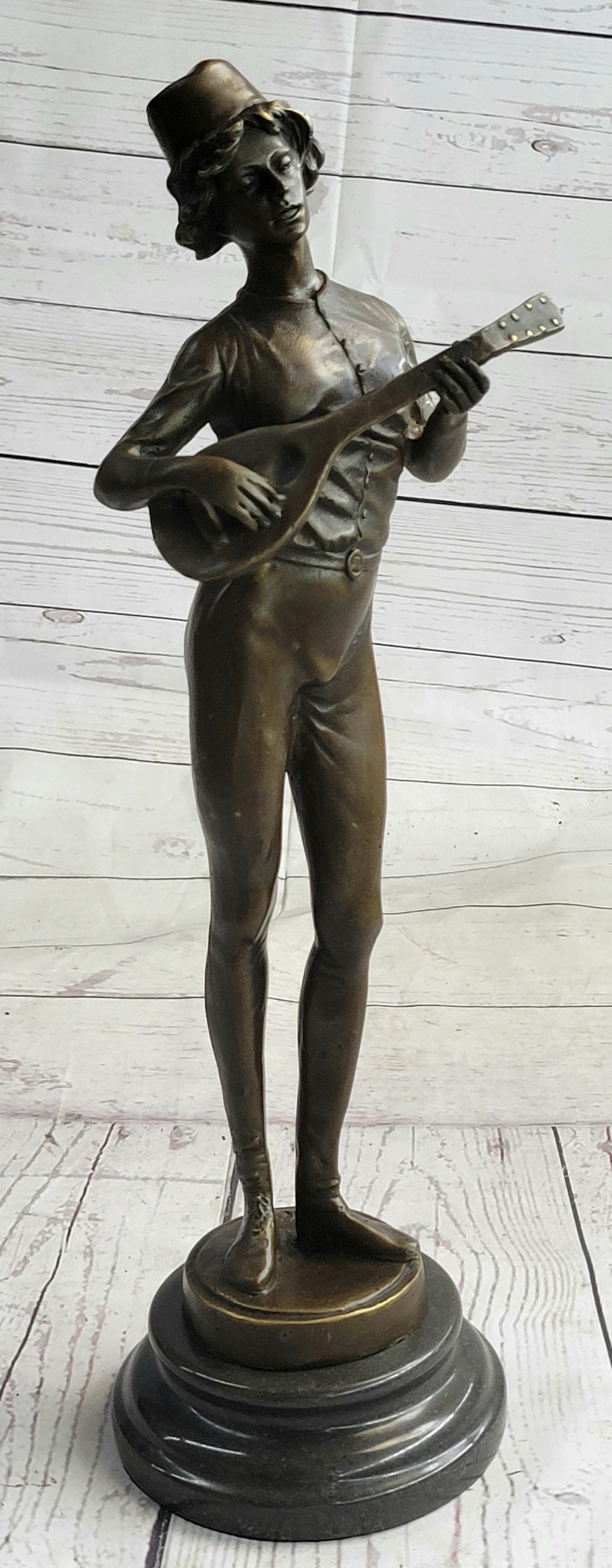 Mandolin Banjo Player Bronze Sculpture Marble Base 17" x 4.5"
