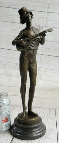 Mandolin Banjo Player Bronze Sculpture Marble Base 17" x 4.5"