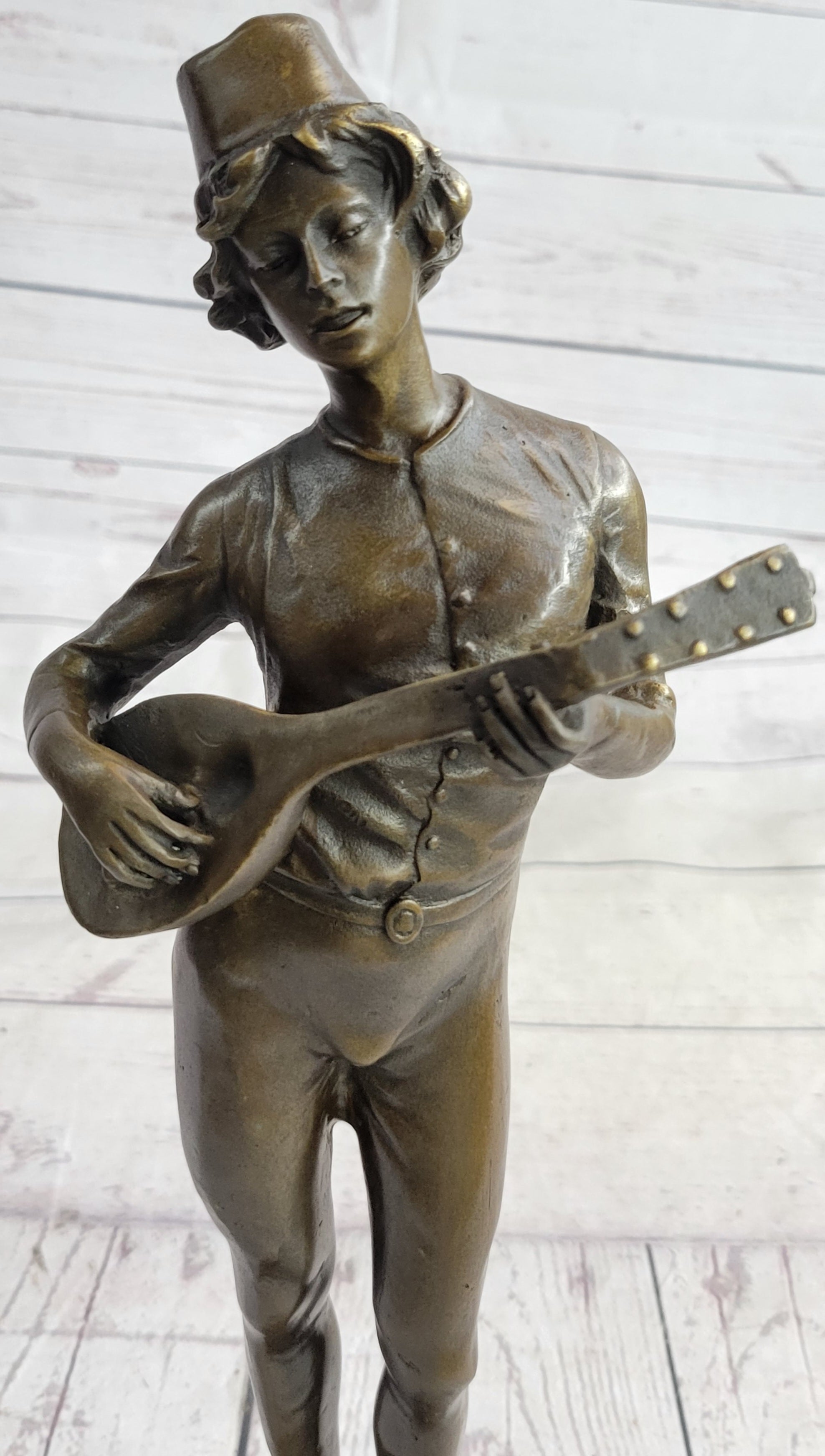 Mandolin Banjo Player Bronze Sculpture Marble Base 17" x 4.5"