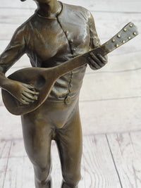 Mandolin Banjo Player Bronze Sculpture Marble Base 17" x 4.5"