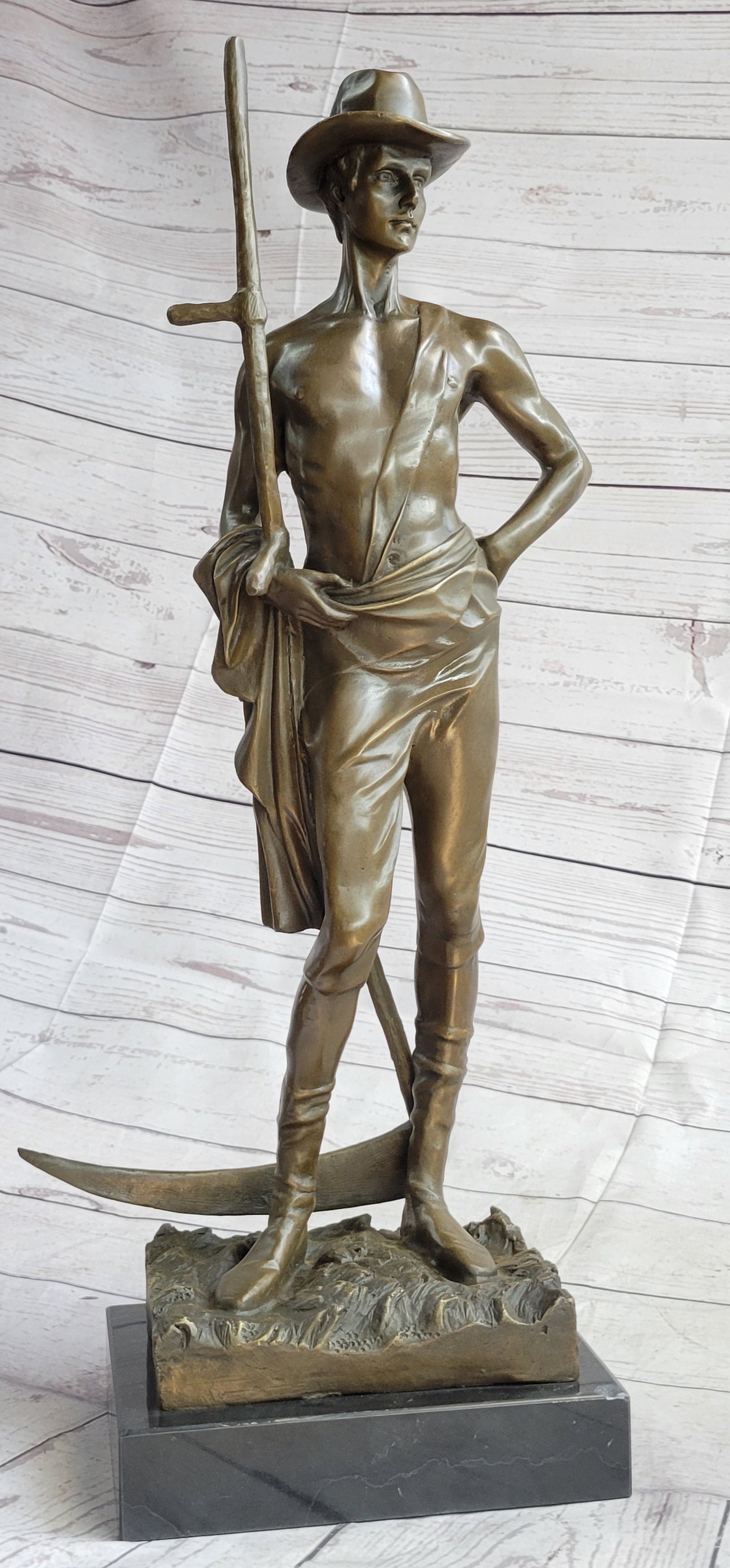 Shirtless Farmer Man with Scythe Bronze Metal Sculpture 21" x 7"