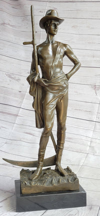 Shirtless Farmer Man with Scythe Bronze Metal Sculpture 21" x 7"