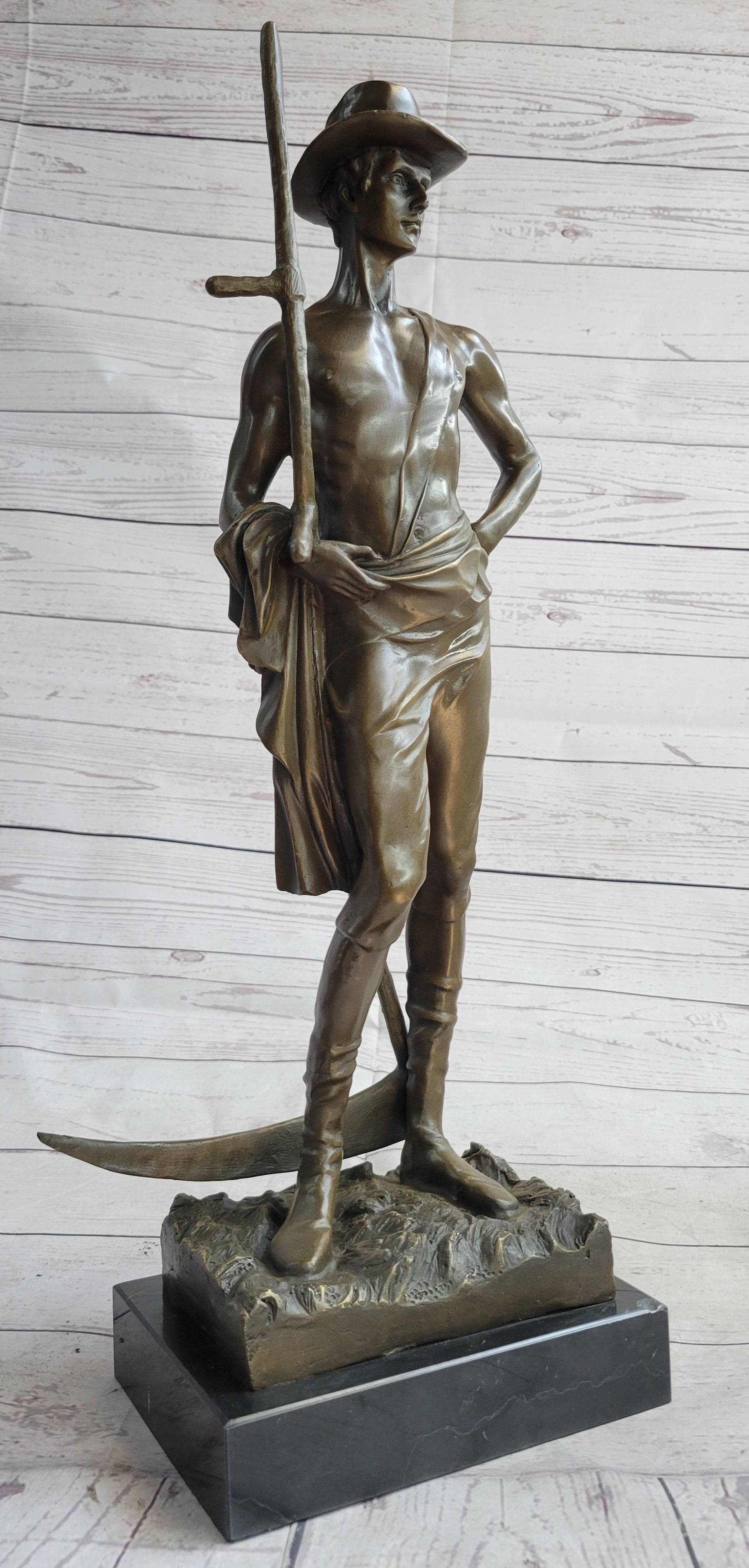 Shirtless Farmer Man with Scythe Bronze Metal Sculpture 21" x 7"