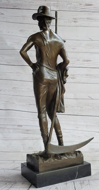 Shirtless Farmer Man with Scythe Bronze Metal Sculpture 21" x 7"