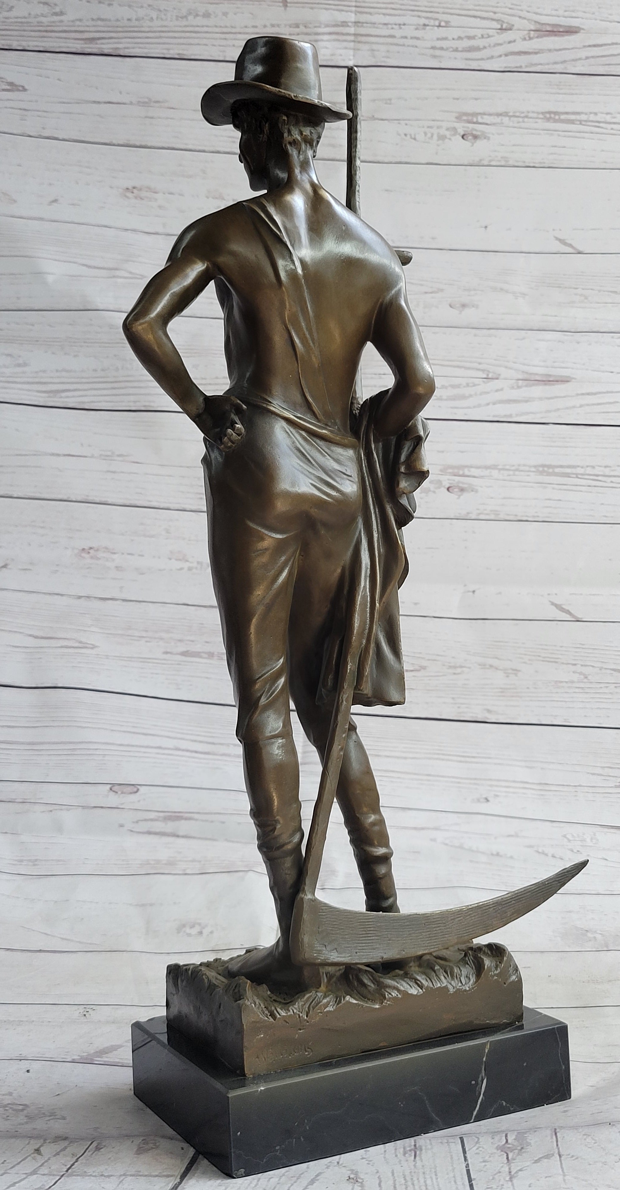 Shirtless Farmer Man with Scythe Bronze Metal Sculpture 21" x 7"