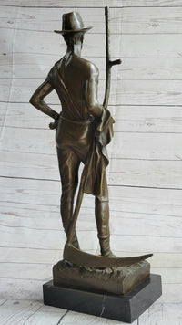 Shirtless Farmer Man with Scythe Bronze Metal Sculpture 21" x 7"