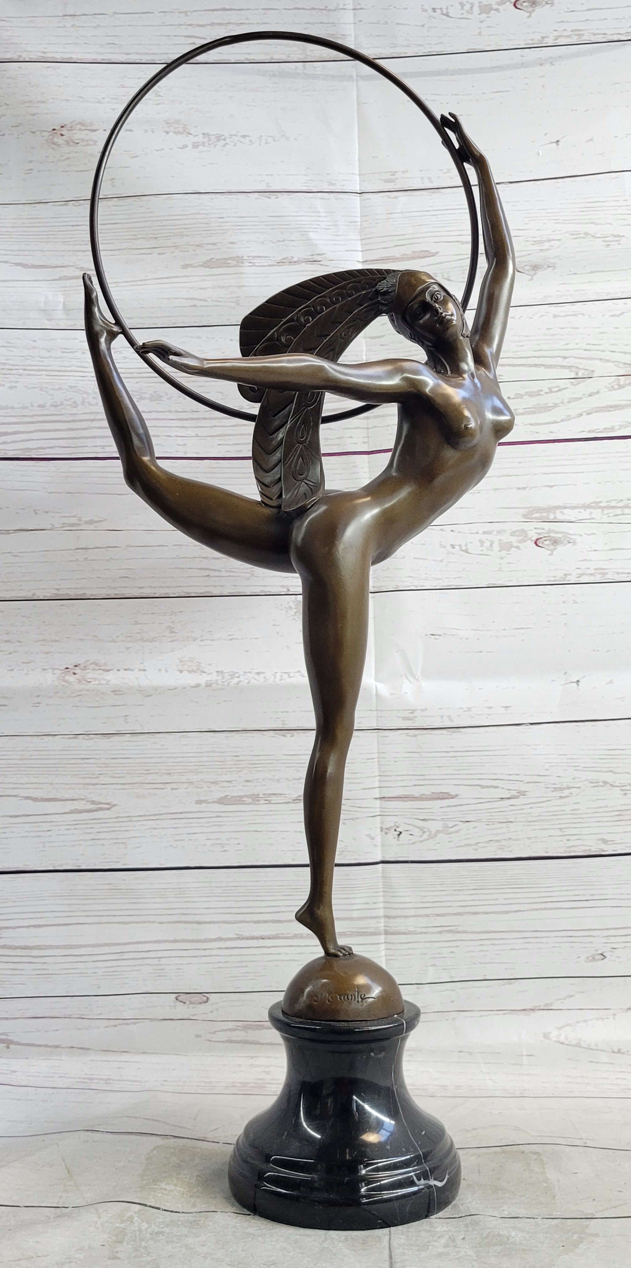 Nude Brazilian Carinval Dancer Girl Female Figure w/ Hula Hoop Bronze Sculpture Statue Art