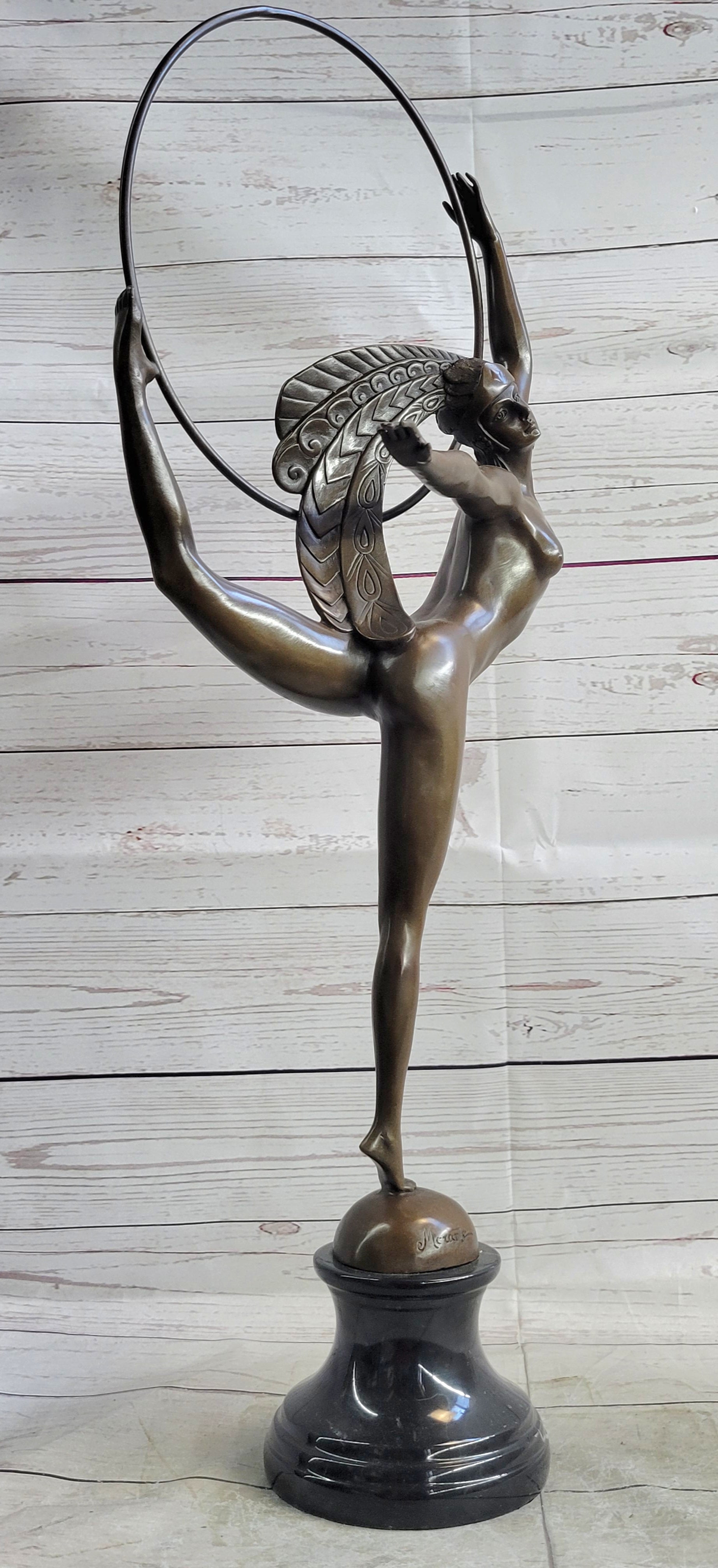 Nude Brazilian Carinval Dancer Girl Female Figure w/ Hula Hoop Bronze Sculpture Statue Art