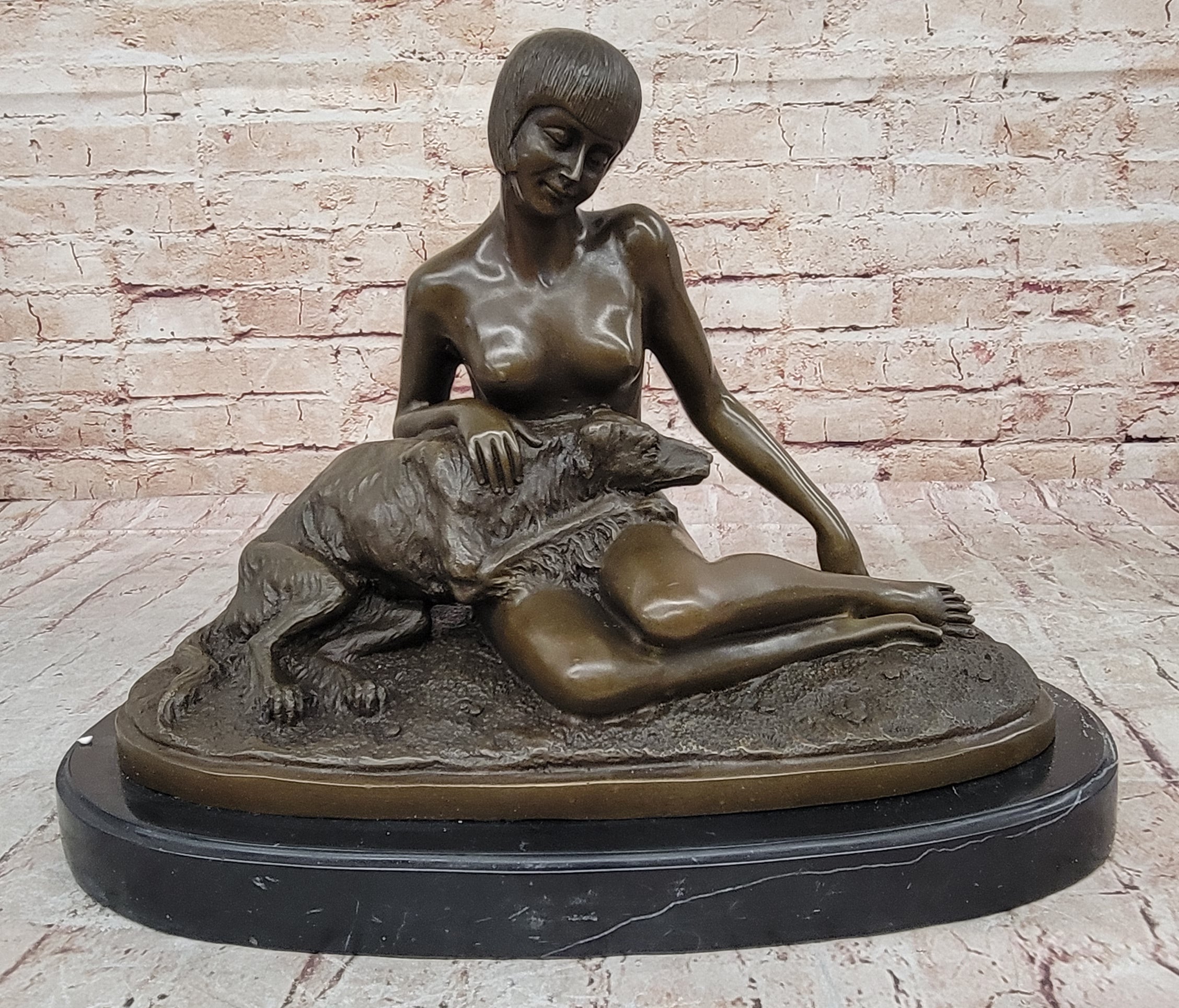 French Art Deco Bronze by Armand Godard Nude Lady With Borzoi Dog Sculpture