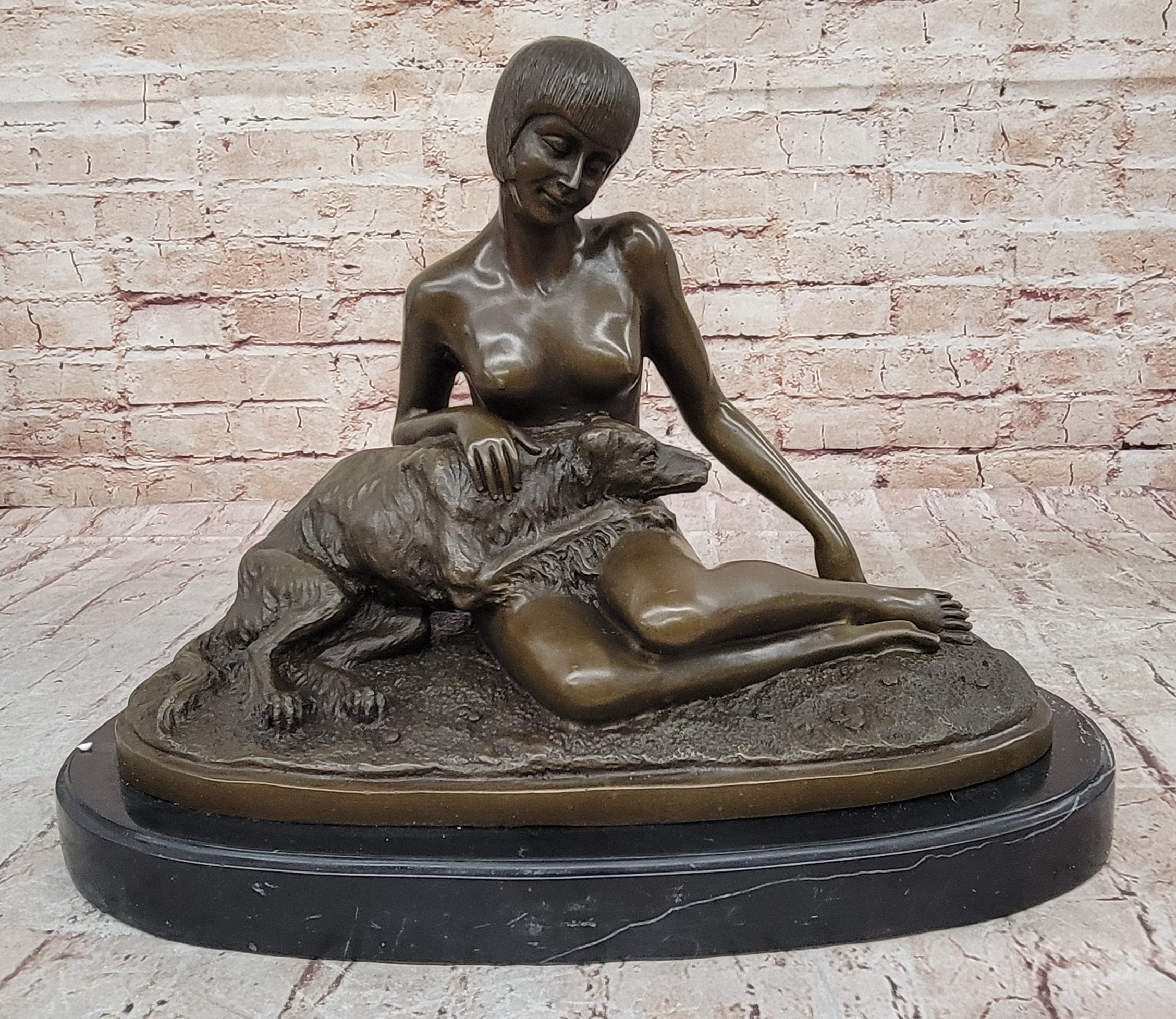 French Art Deco Bronze by Armand Godard Nude Lady With Borzoi Dog Sculpture