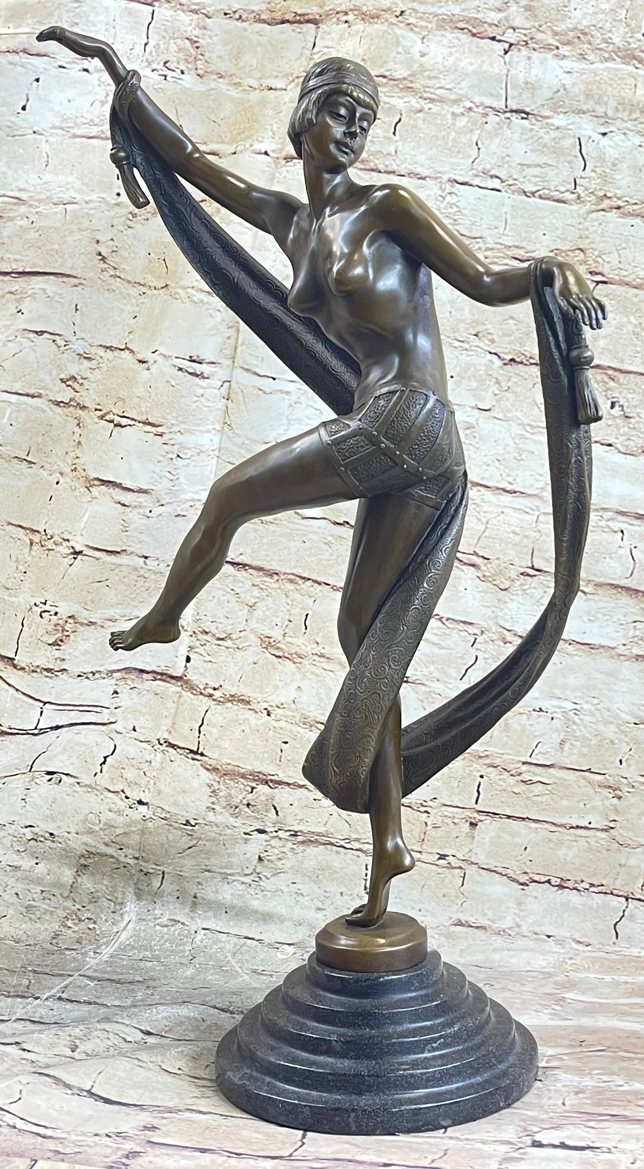 Art Deco Nude Flapper Dancer Girl Figure Bronze Sculpture 21" x 14"