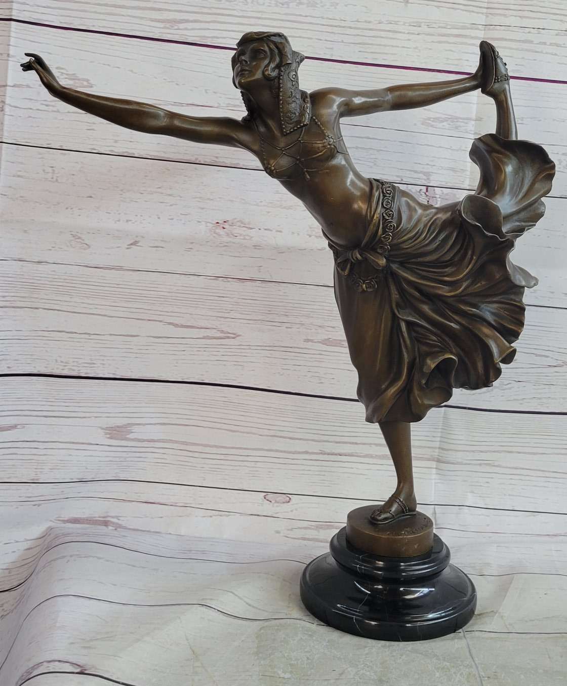 Semi Nude Female Arabesque Dancer Bronze Sculpture after Colinet on Marble Base