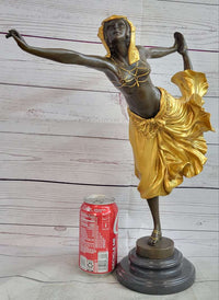 Semi Nude Female Arabesque Dancer Golden Bronze Sculpture after Colinet on Marble Base