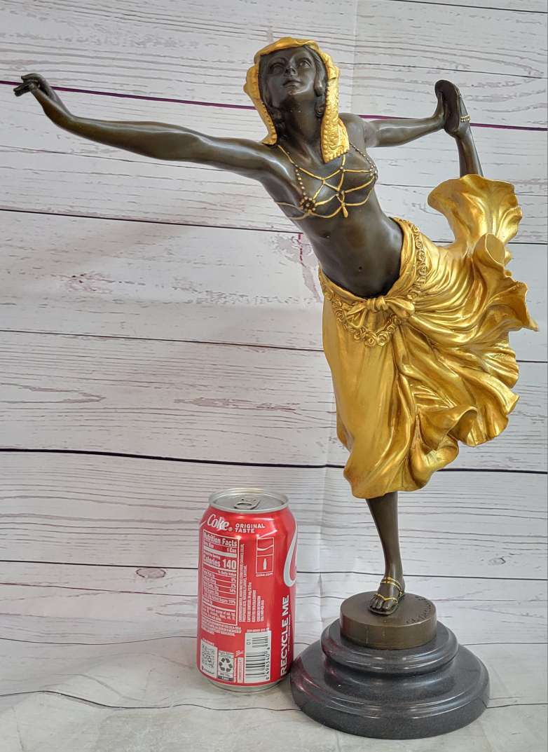 Semi Nude Female Arabesque Dancer Golden Bronze Sculpture after Colinet on Marble Base
