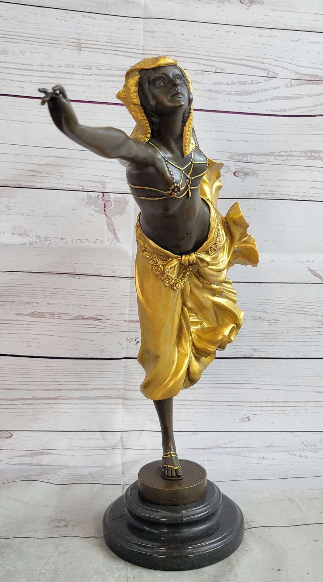 Semi Nude Female Arabesque Dancer Golden Bronze Sculpture after Colinet on Marble Base