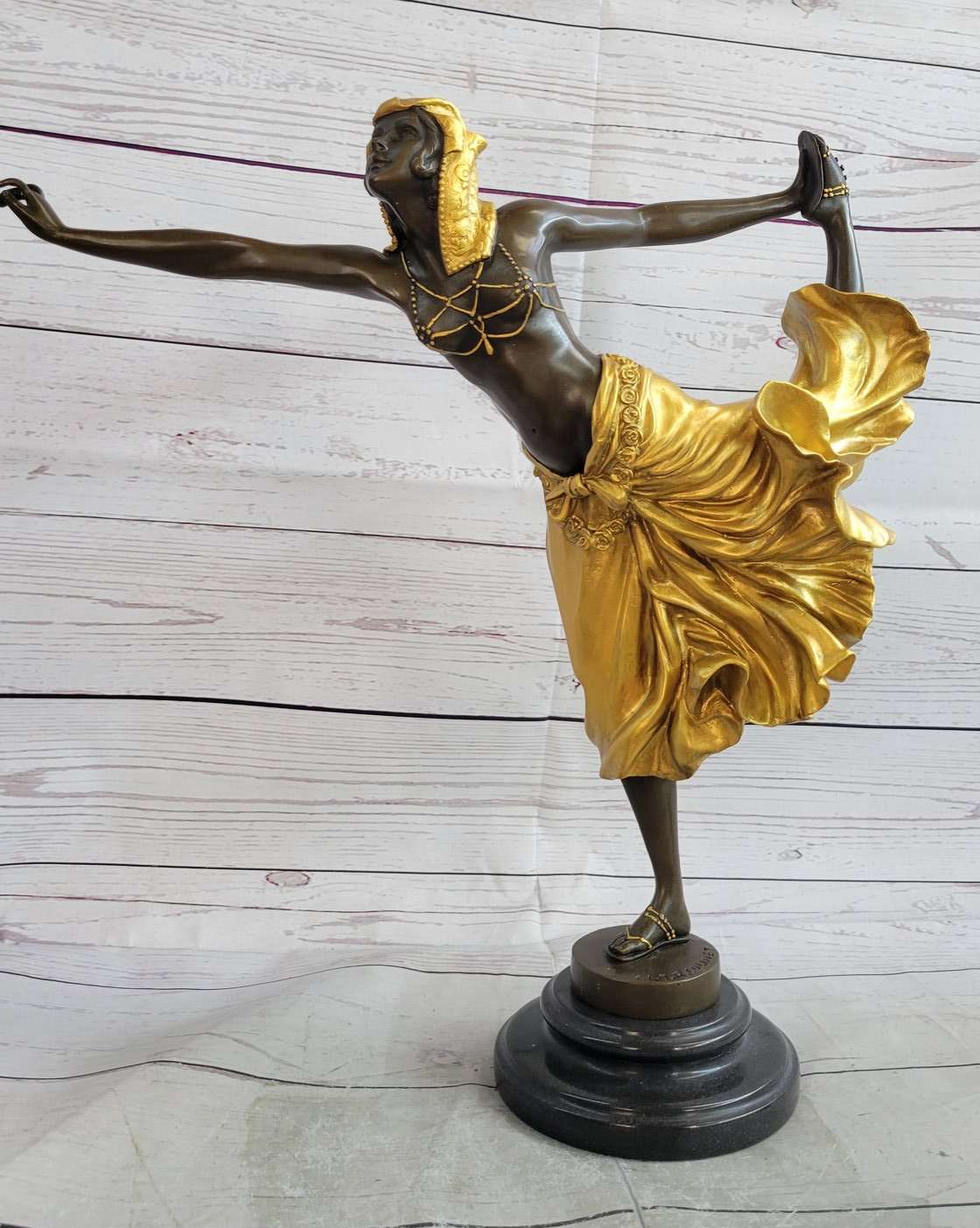 Semi Nude Female Arabesque Dancer Golden Bronze Sculpture after Colinet on Marble Base
