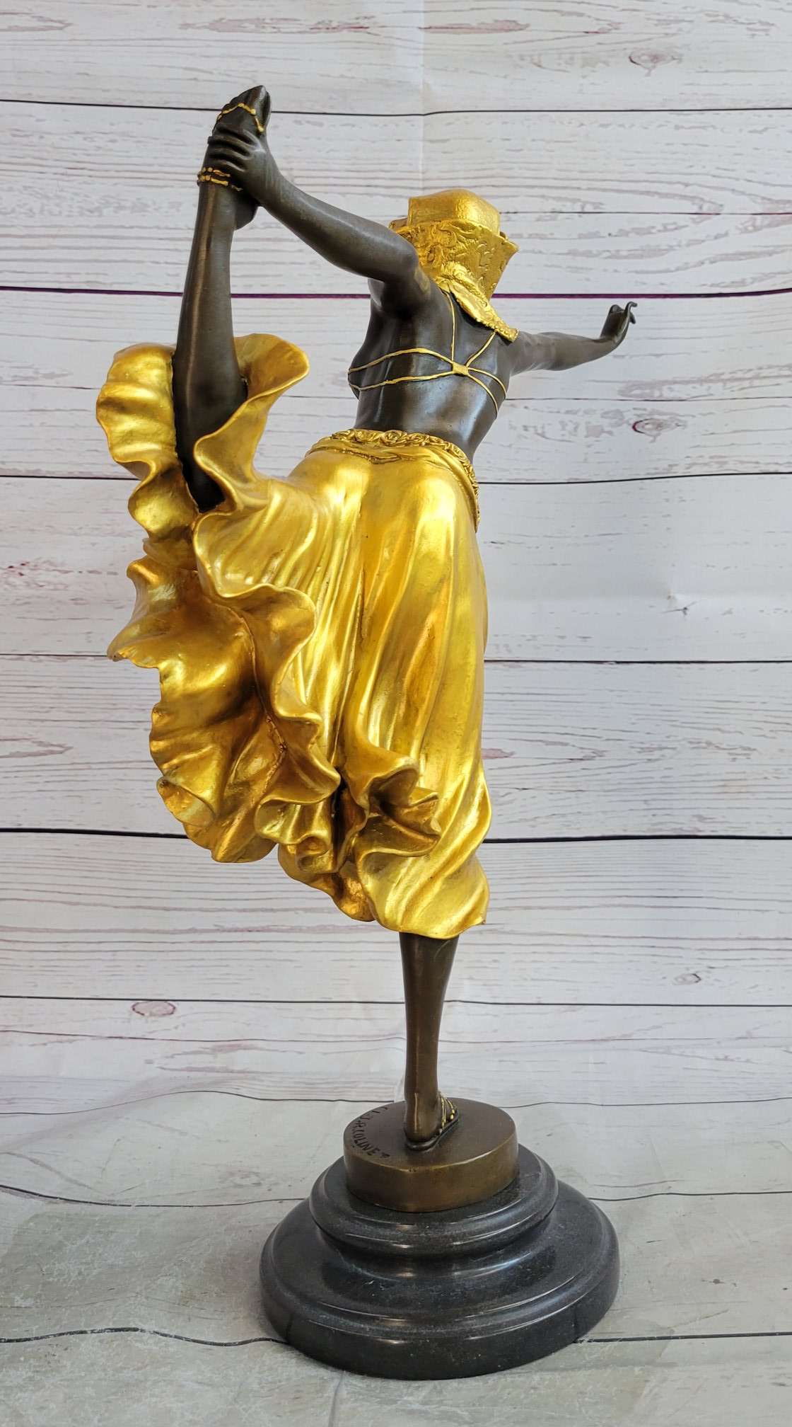 Semi Nude Female Arabesque Dancer Golden Bronze Sculpture after Colinet on Marble Base