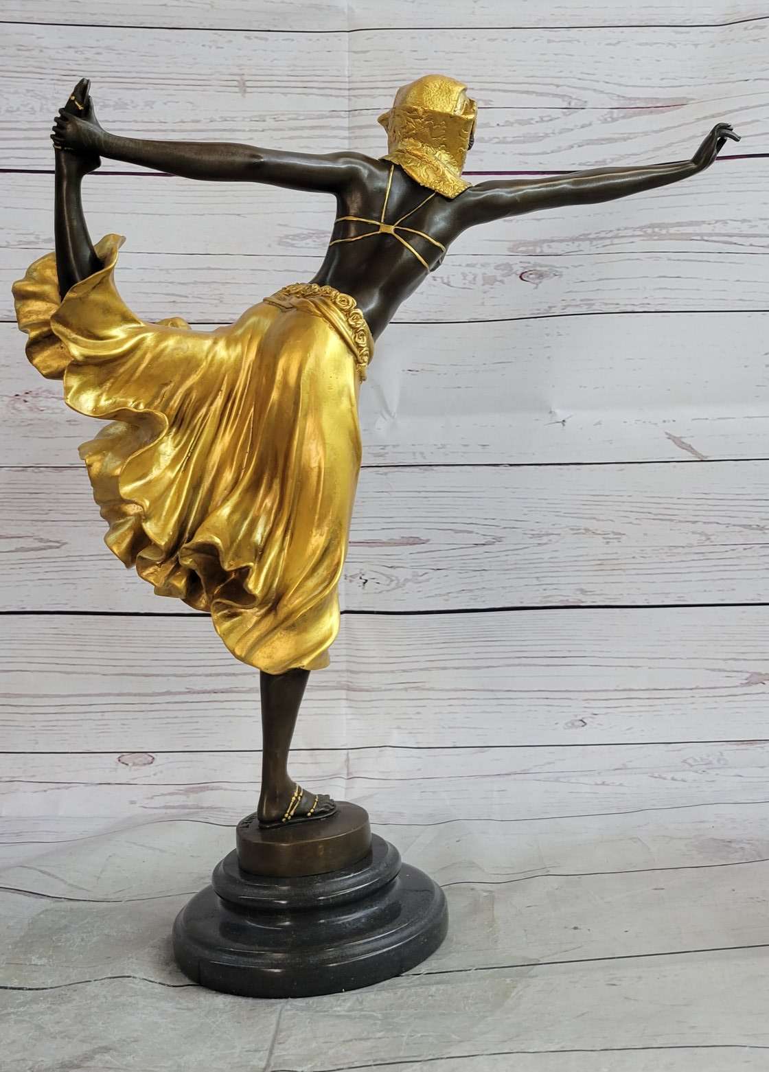 Semi Nude Female Arabesque Dancer Golden Bronze Sculpture after Colinet on Marble Base