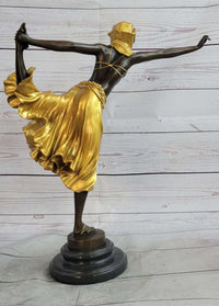 Semi Nude Female Arabesque Dancer Golden Bronze Sculpture after Colinet on Marble Base