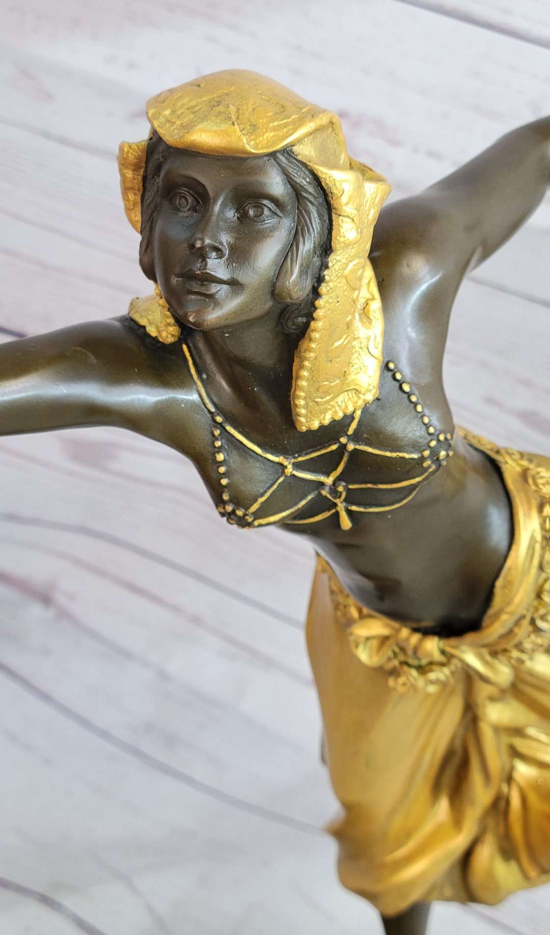 Semi Nude Female Arabesque Dancer Golden Bronze Sculpture after Colinet on Marble Base