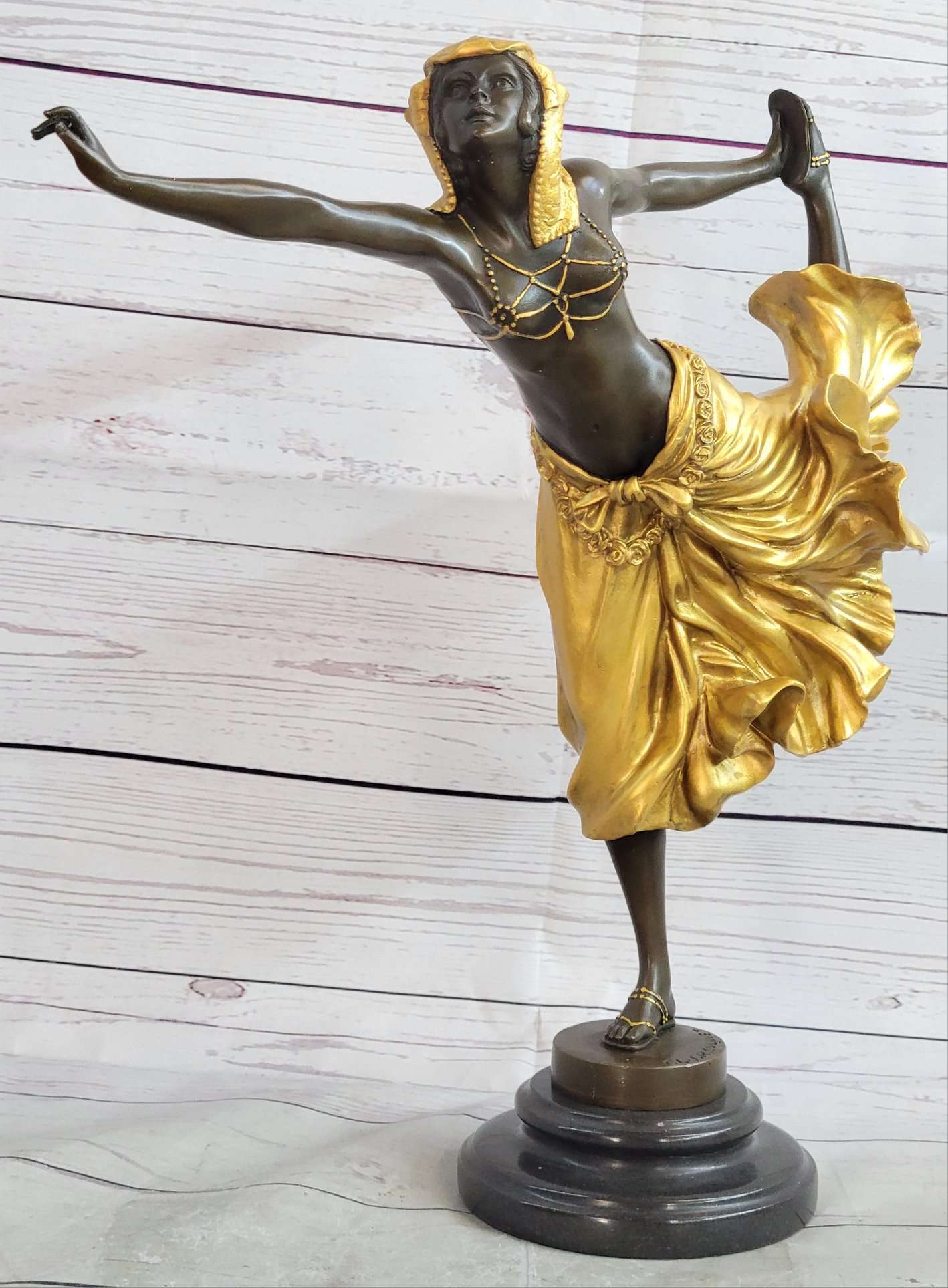 Semi Nude Female Arabesque Dancer Golden Bronze Sculpture after Colinet on Marble Base