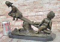 Signed J.Daste Art Deco Sculpture Joy Two Children Play Seesaw Bronze Statue Figure
