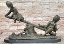 Signed J.Daste Art Deco Sculpture Joy Two Children Play Seesaw Bronze Statue Figure