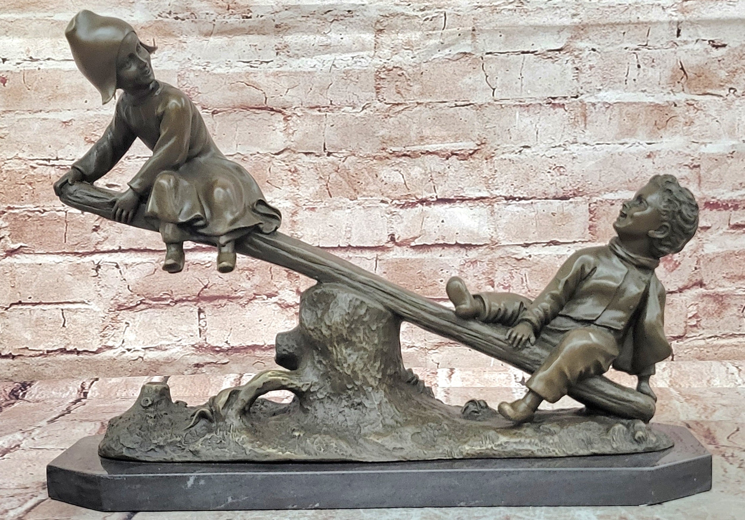 Signed J.Daste Art Deco Sculpture Joy Two Children Play Seesaw Bronze Statue Figure